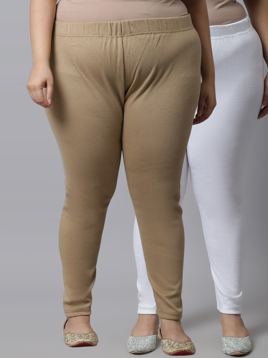 

TAG 7 Women Pack of 2 Plus Size Beige & White Solid Ankle-Length Leggings