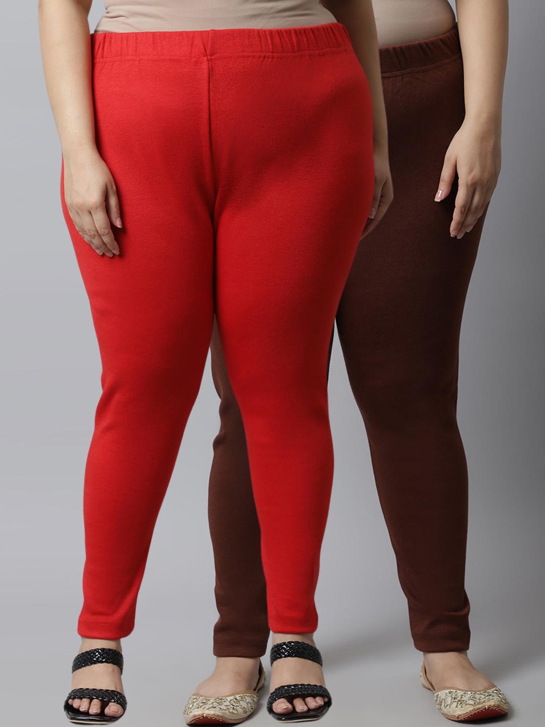 

TAG 7 Plus Size Women Pack of 2 Solid Ankle-Length Leggings, Red