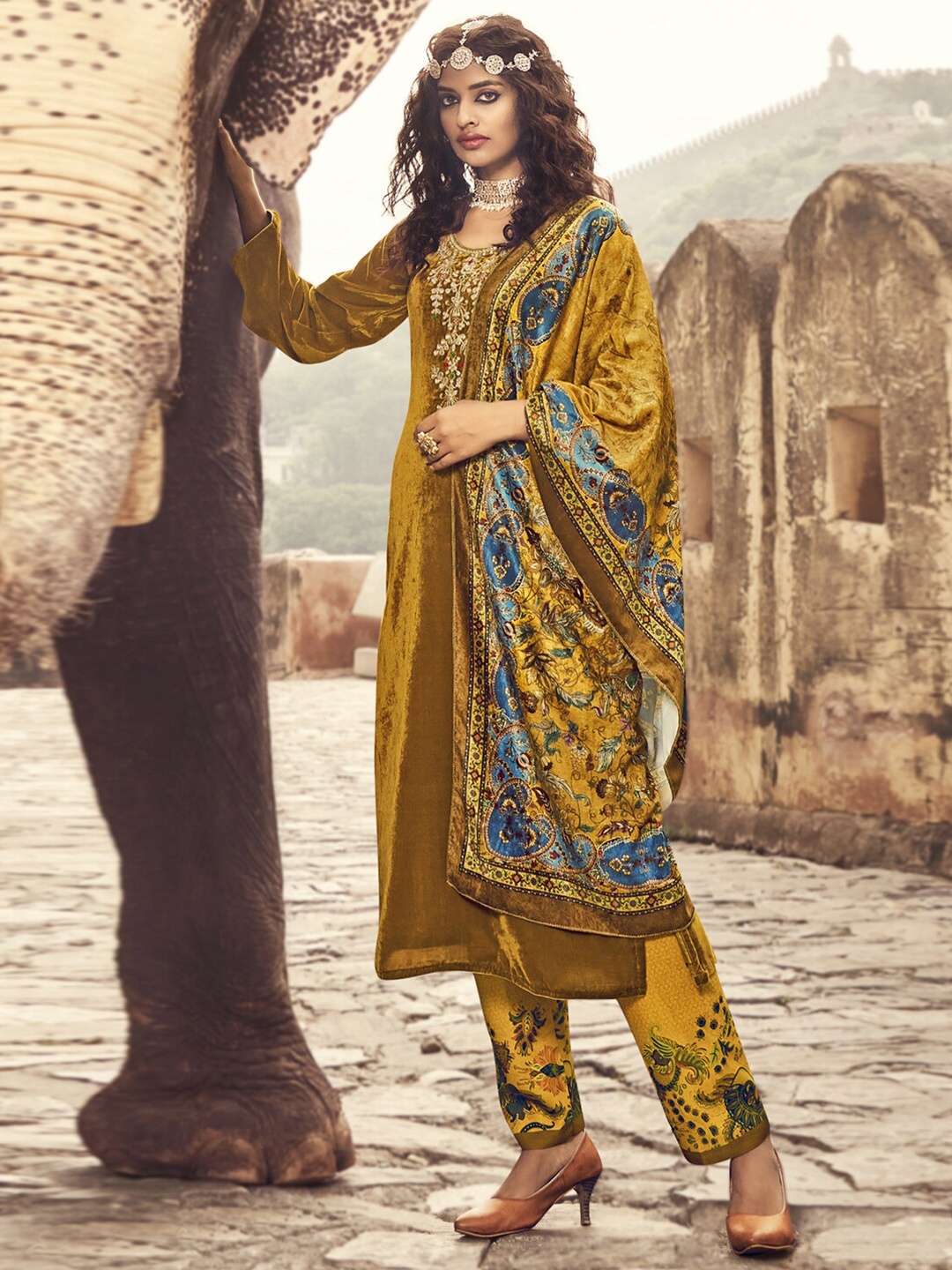 

Stylee LIFESTYLE Women Mustard & Turquoise Blue Embroidered Unstitched Dress Material