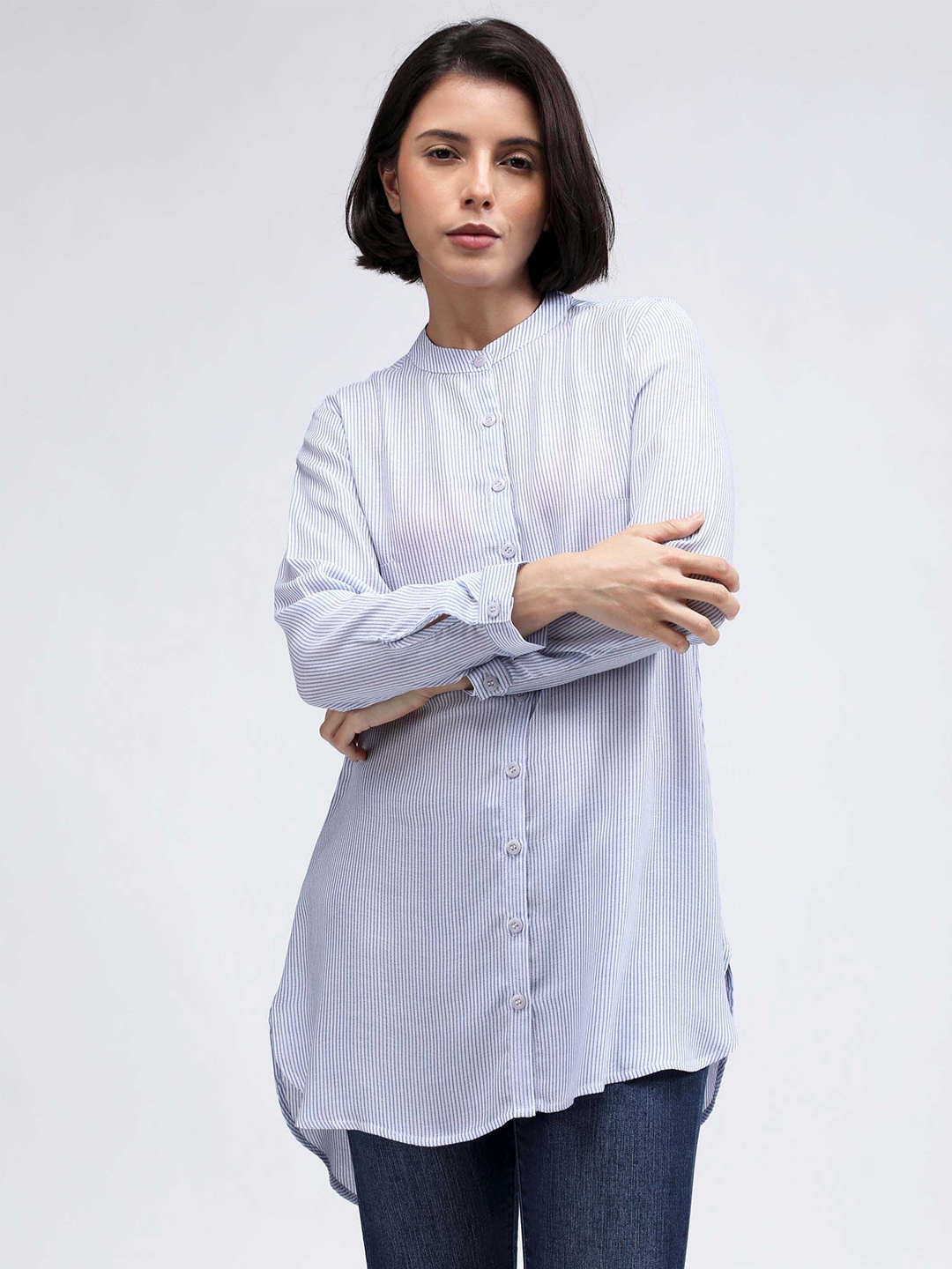 

IDK Blue Striped Shirt Style Longline Top