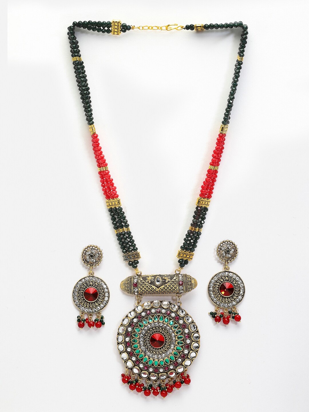 

Arrabi Gold Red & Grey Artificial Stones and Beads Jewellery Set
