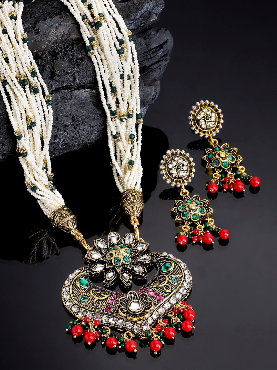 

Arrabi Gold-Toned & White Meenakari Jewellery Set