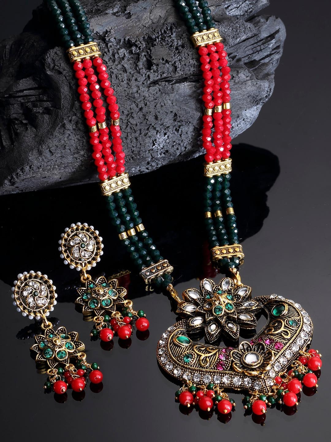 

Arrabi Gold-Toned Red & Green Stone-Studded & Beaded Jewellery Set