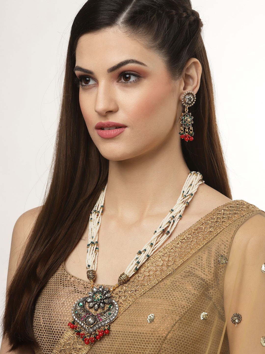 

Arrabi Gold-Toned White & Red Artificial Stones and Beads Jewellery Set