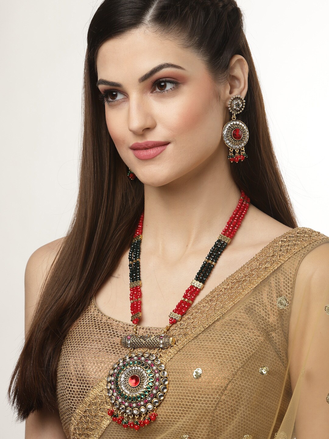 

Arrabi Green & Red Beaded Meenakari Jewellery Set