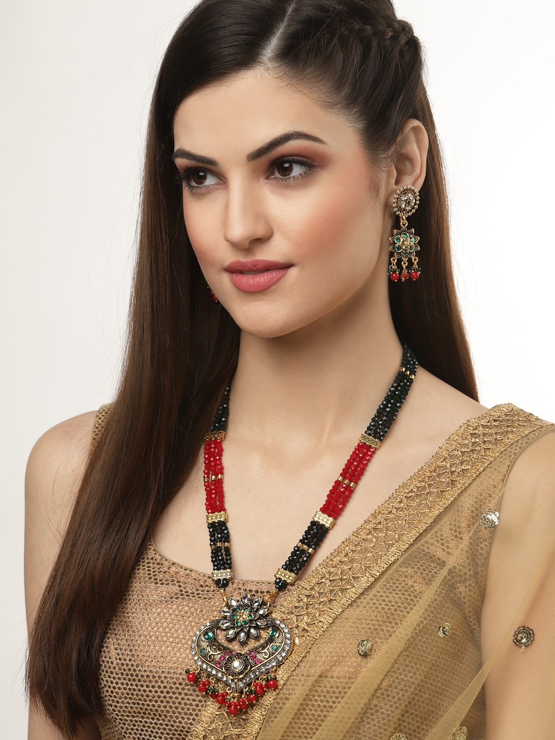 

Arrabi Gold-Toned Red & Green Stone-Studded & Beaded Meenakari Jewellery Set