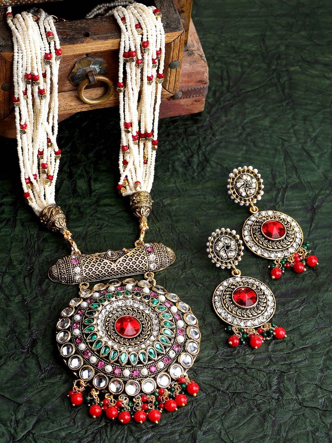 

Arrabi White & Red Stone-Studded & Beaded Jewellery Set