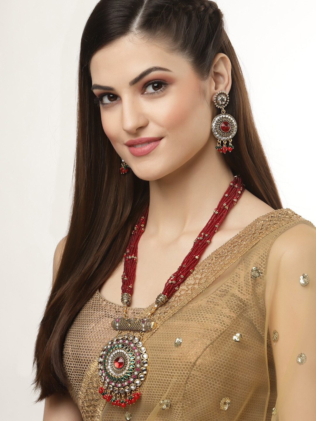 

Arrabi Gold-Toned & Red Stone-Studded & Beaded Meenakari Jewellery Set