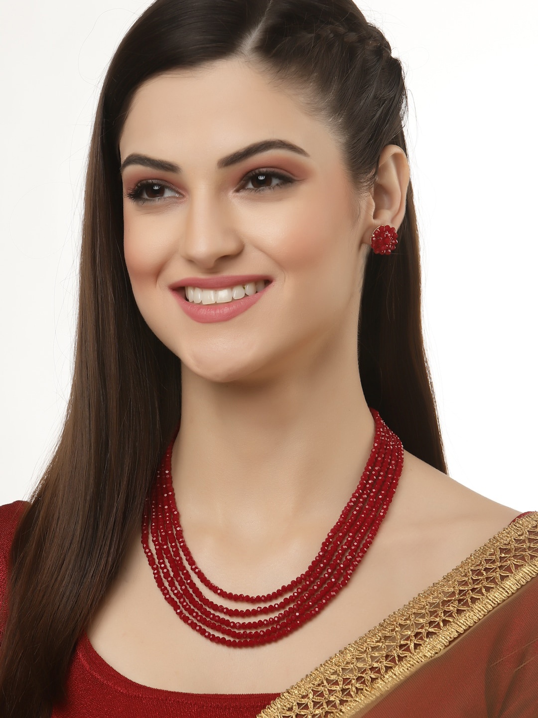 

Arrabi Red Crystal Beaded Multistrand Jewellery Set
