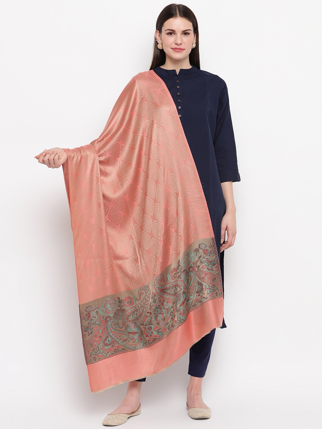 

Tossido Peach-Coloured & Green Ethnic Motifs Woven Design Dupatta