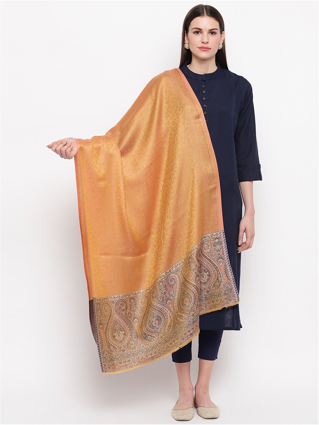 

Tossido Women Orange & Brown Ethnic Motifs Frayed Stole