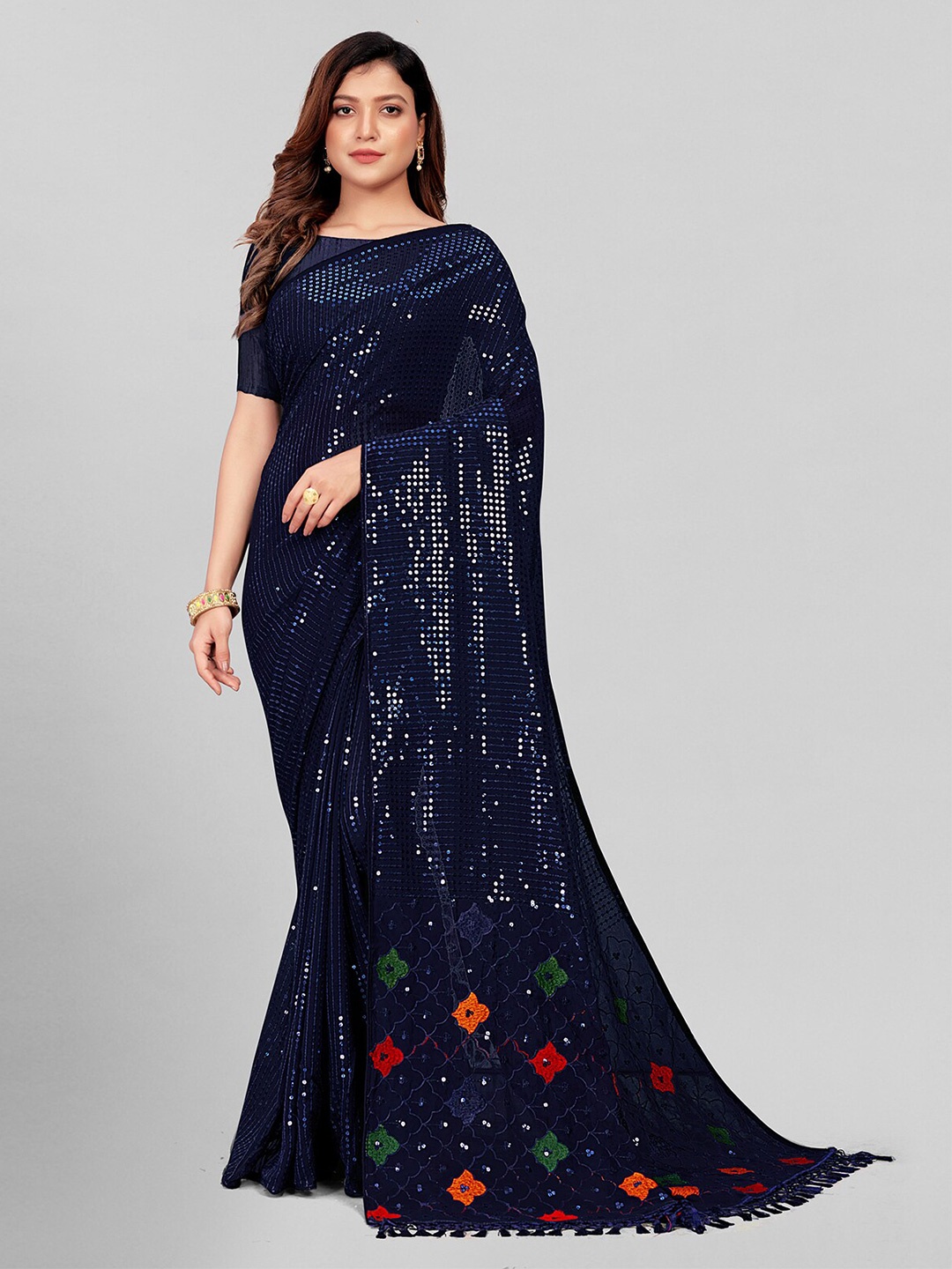 

Mitera Navy Blue & Green Embellished Sequinned Pure Georgette Saree