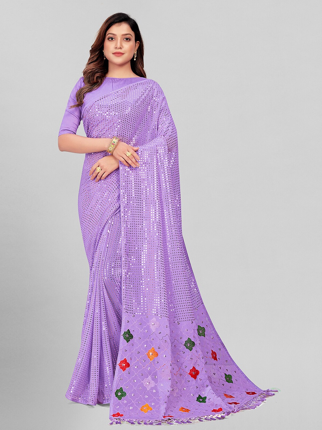 

Mitera Purple & Green Embellished Sequinned Pure Georgette Saree