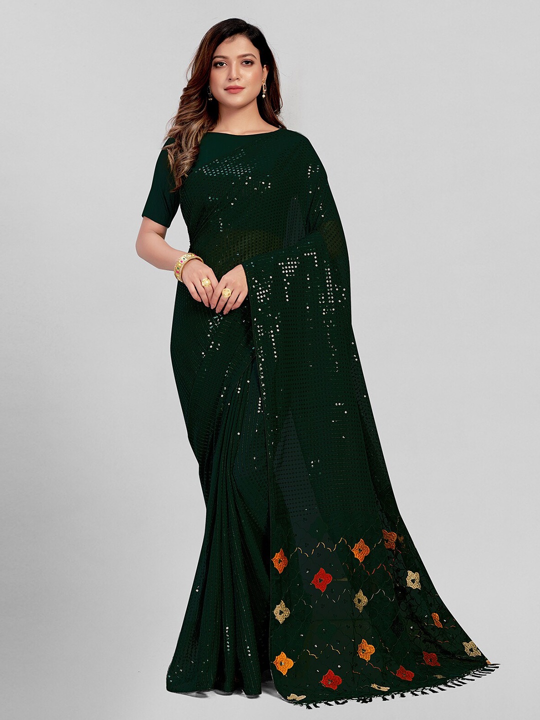 

Mitera Green & Orange Embellished Sequinned Pure Georgette Saree