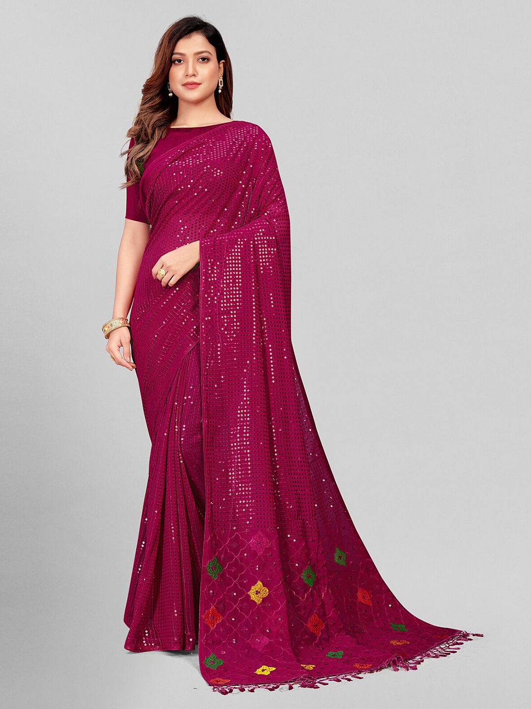 

Mitera Purple & Yellow Embellished Sequinned Pure Georgette Saree