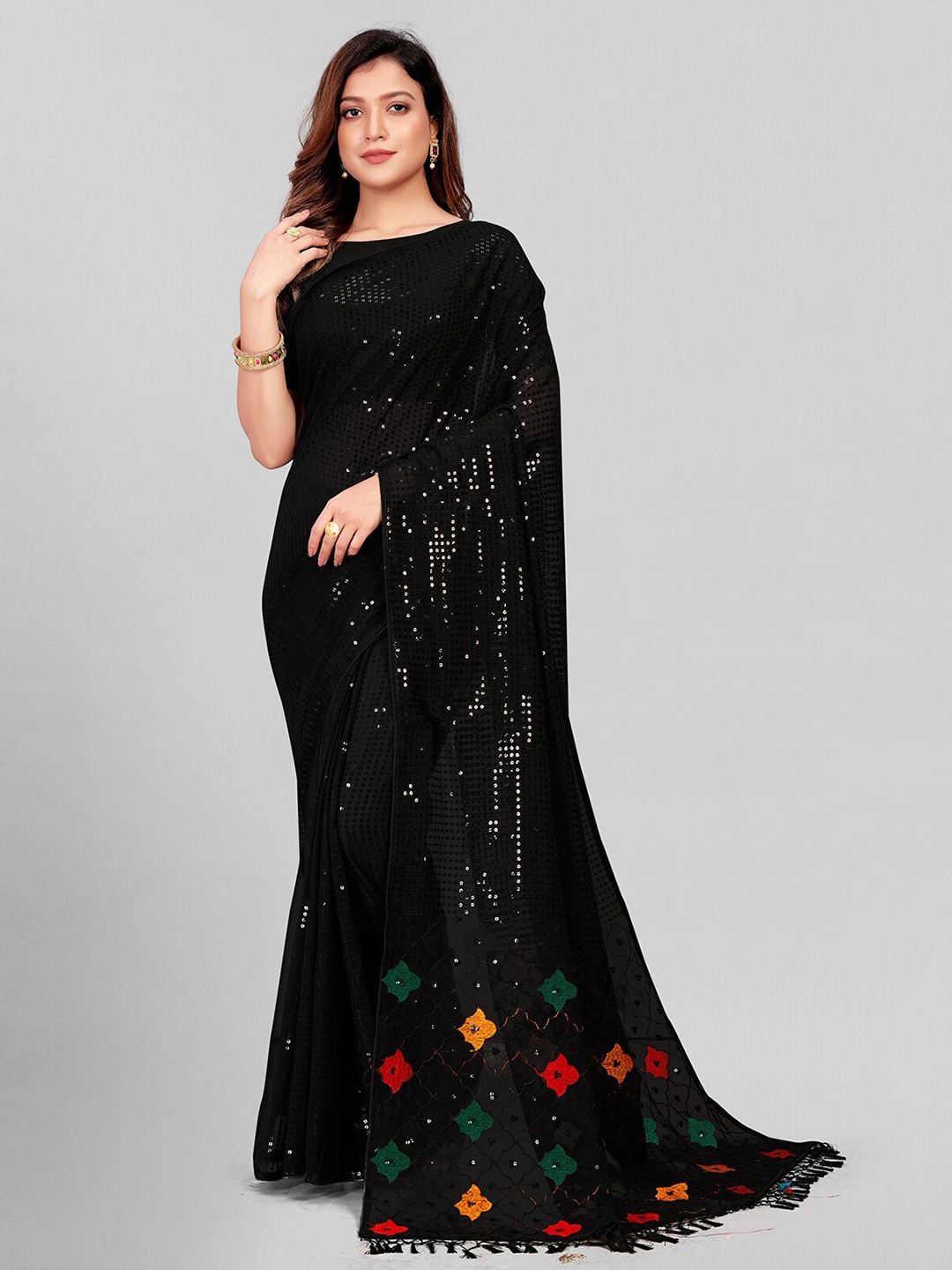 

Mitera Black & Orange Embellished Sequinned Pure Georgette Saree