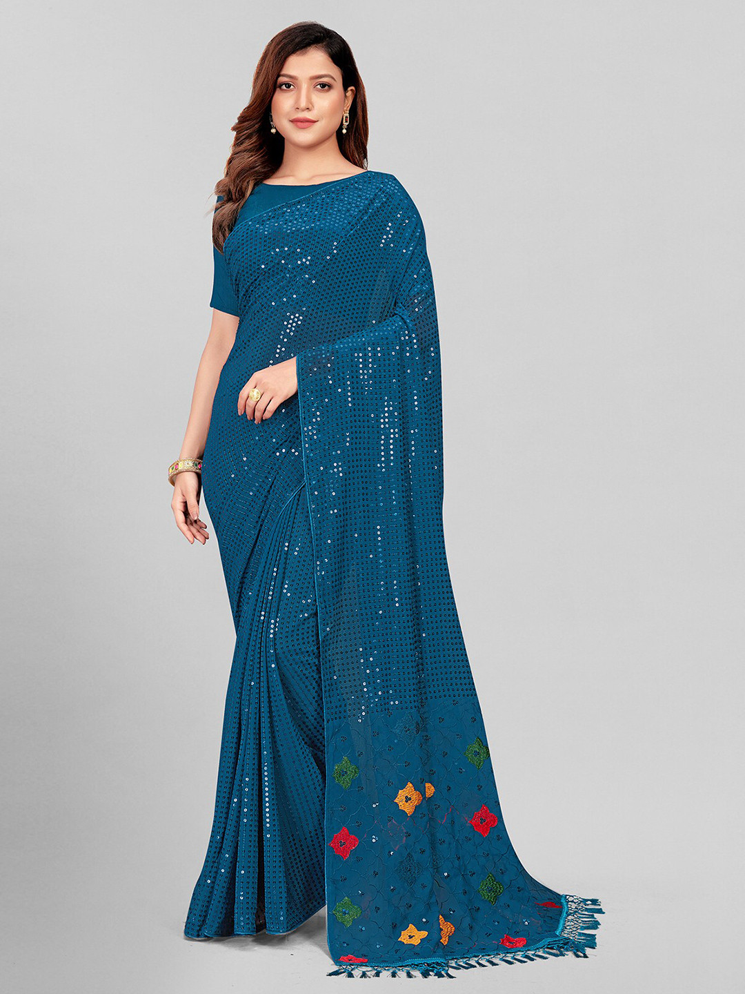 

Mitera Teal & Red Embellished Sequinned Pure Georgette Saree