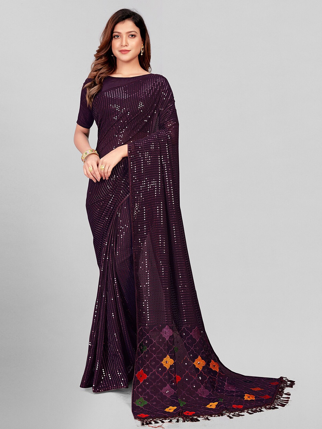 

Mitera Purple & Red Embellished Sequinned Pure Georgette Saree