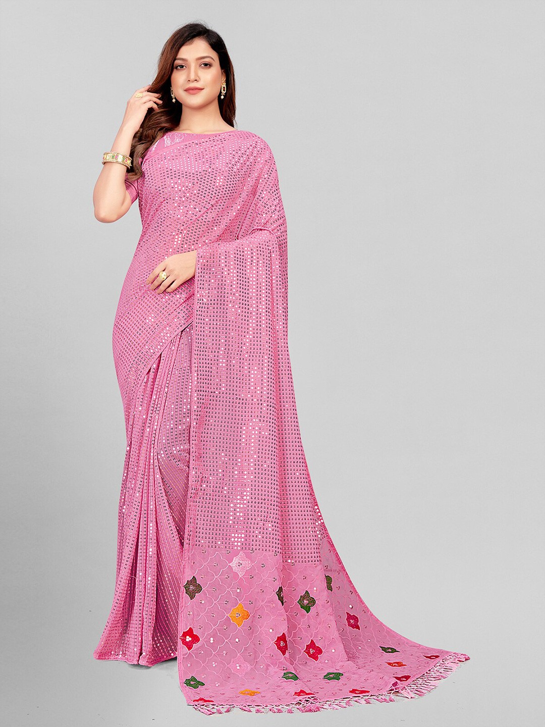 

Mitera Pink & Pink Embellished Sequinned Pure Georgette Saree
