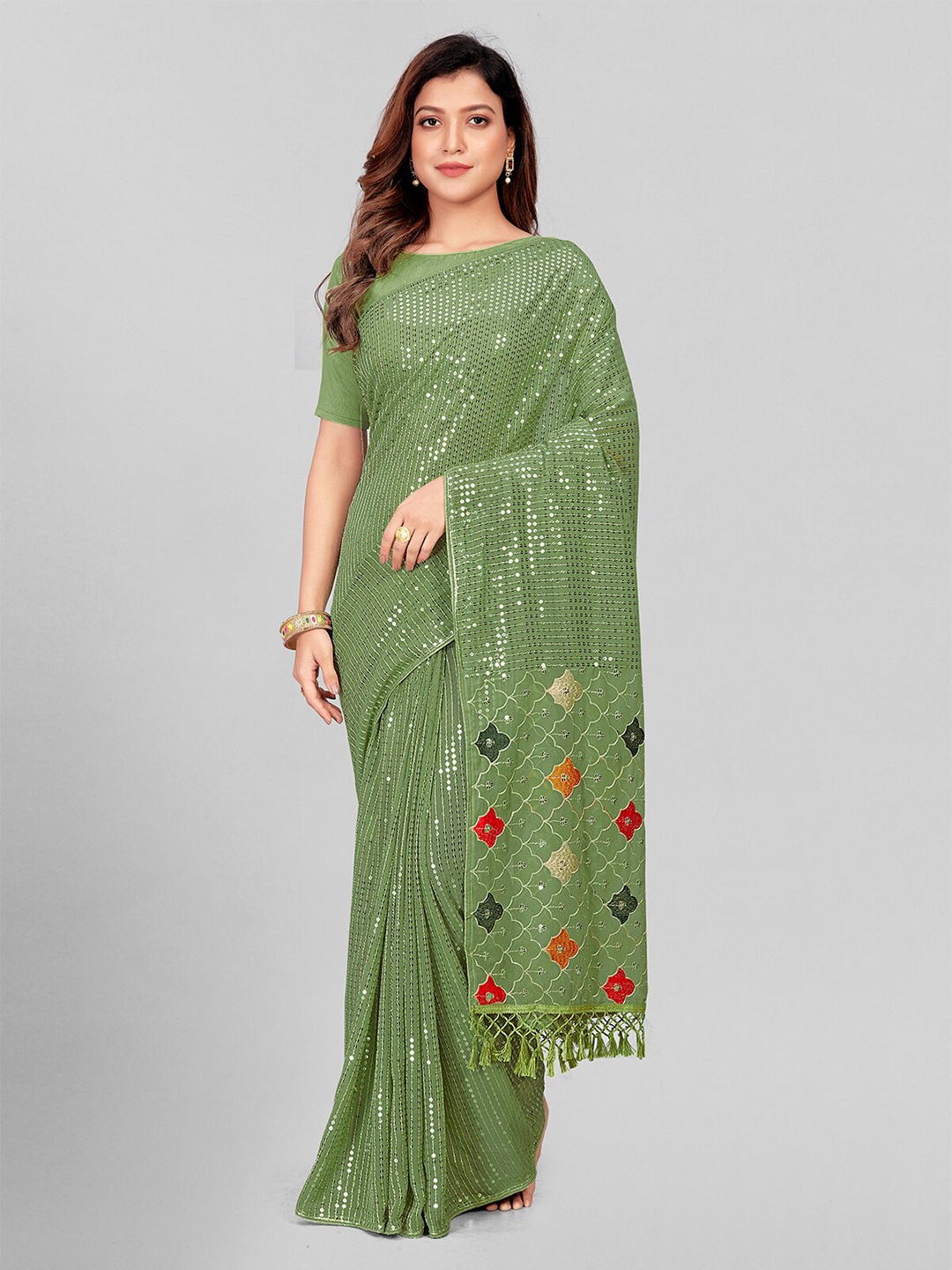 

Mitera Fluorescent Green & Orange Embellished Sequinned Pure Georgette Saree