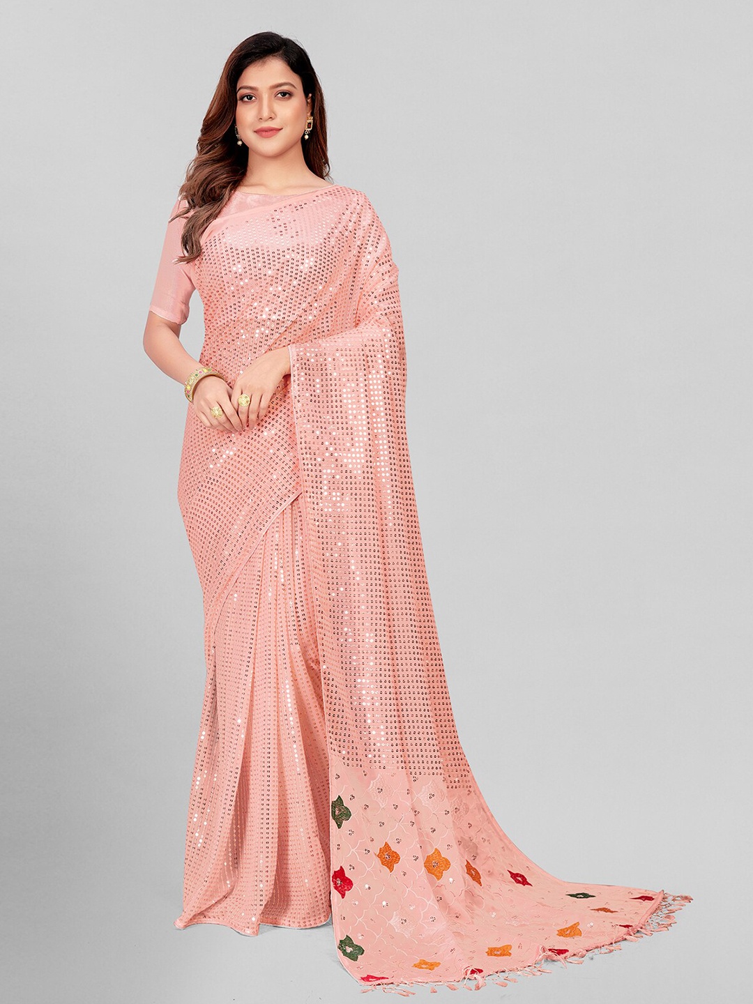 

Mitera Peach-Coloured & Red Embellished Sequinned Pure Georgette Saree