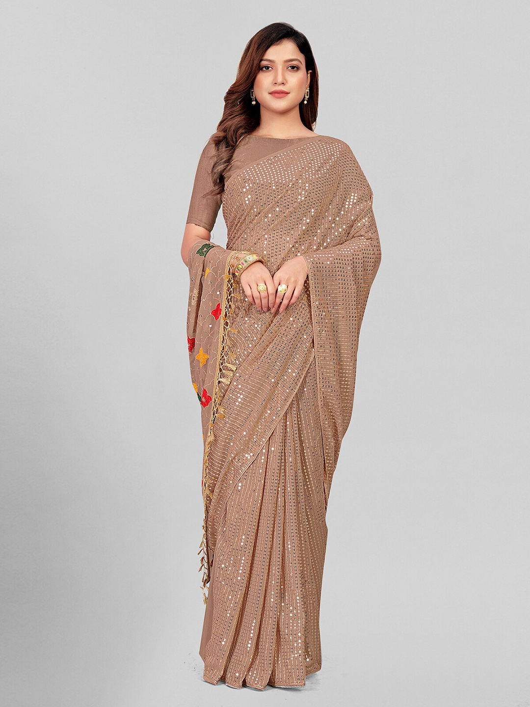 

Mitera Beige & Red Embellished Sequinned Pure Georgette Saree