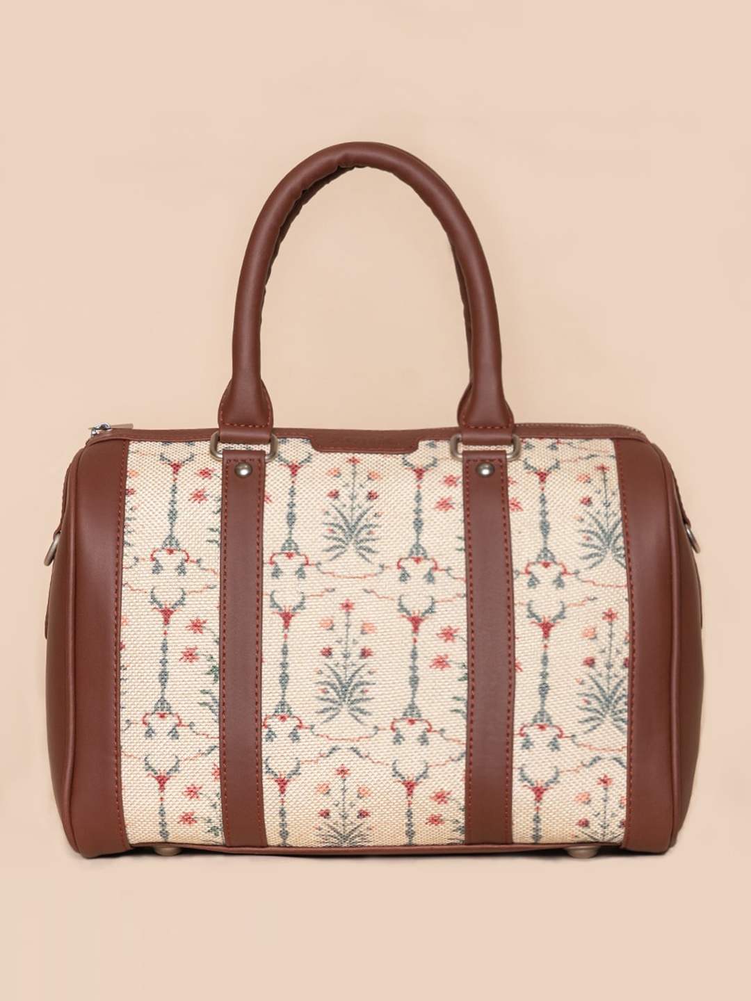 

ZOUK White Printed Oversized Structured Handheld Bag with Cut Work