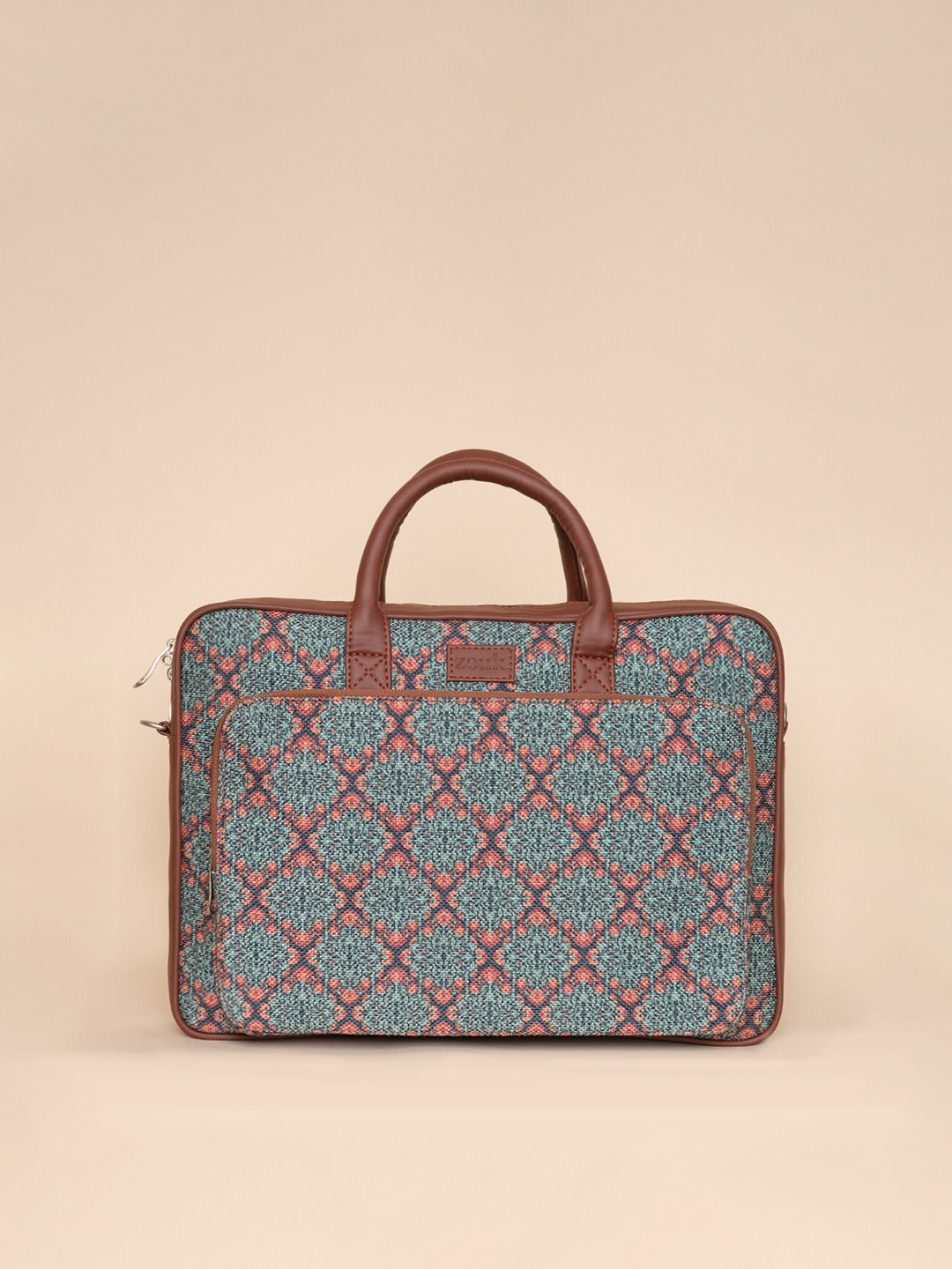 

ZOUK Unisex Teal & Brown Printed Jute Laptop Bag