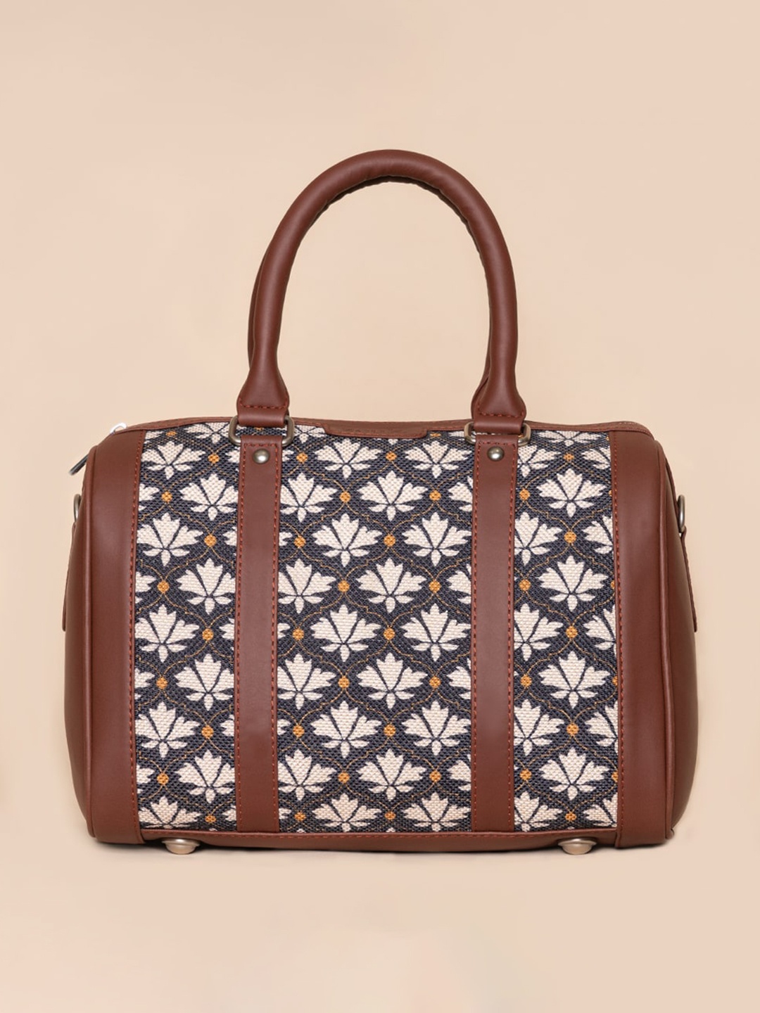 

ZOUK Black & White Floral Printed Oversized Structured Handheld Bag