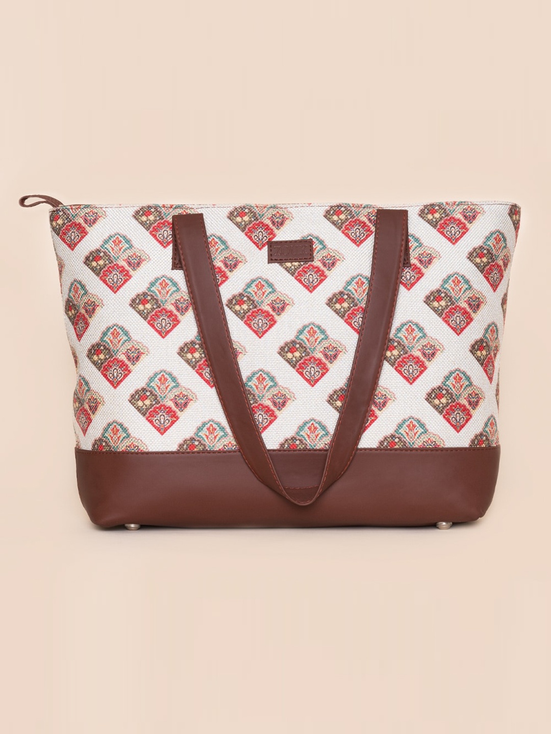 ZOUK White Ethnic Motifs Printed Oversized Shopper Sling Bag