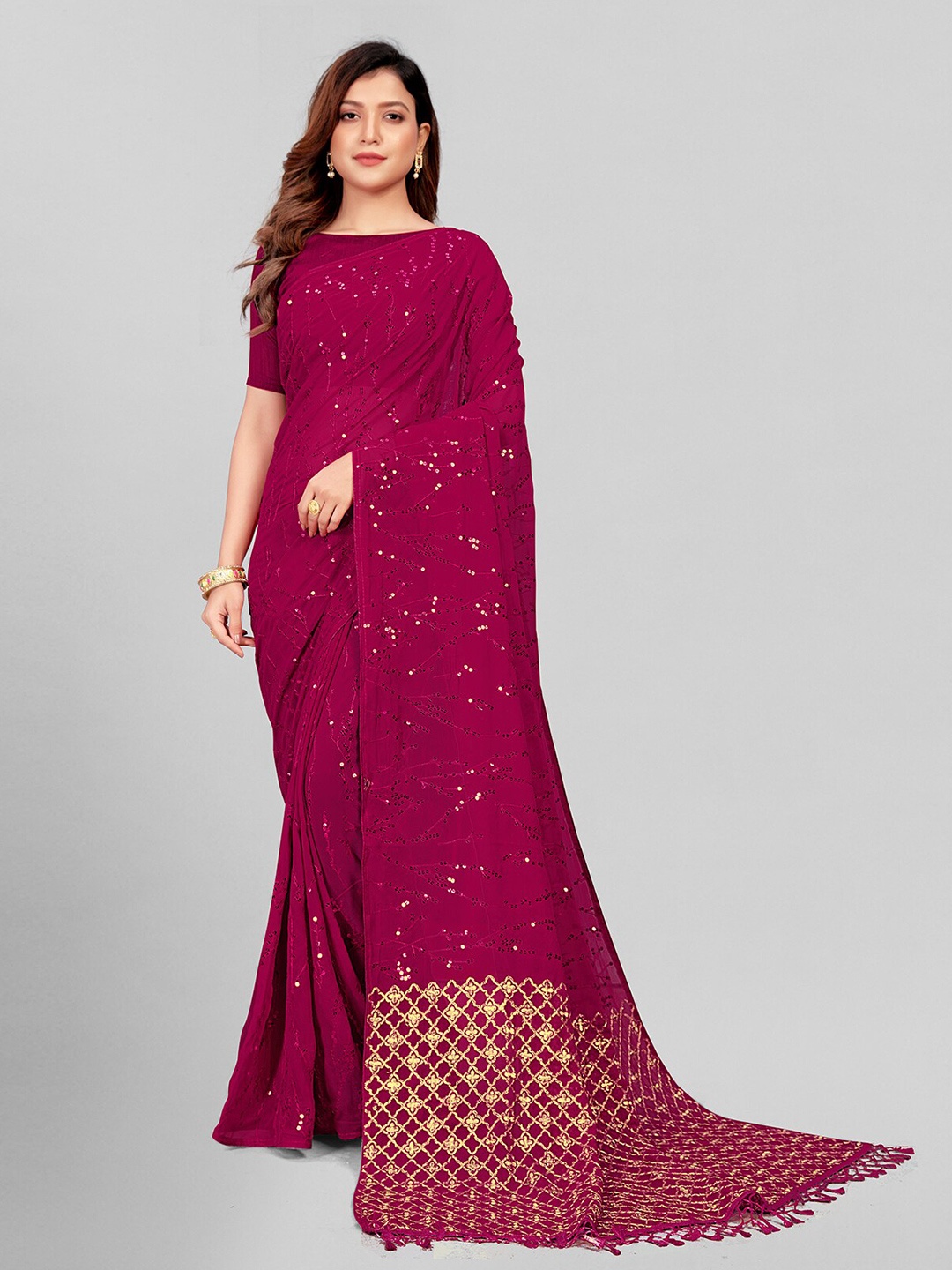 

Mitera Purple & Gold-Toned Embellished Sequinned Pure Georgette Saree
