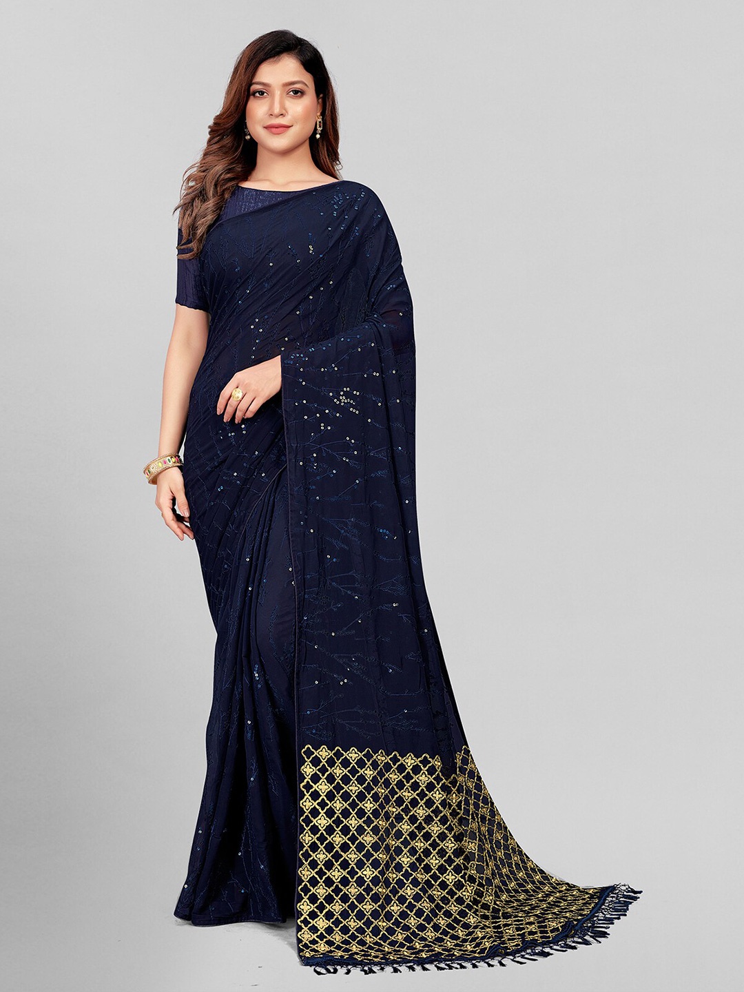 

Mitera Navy Blue & Gold-Toned Embellished Sequinned Pure Georgette Saree