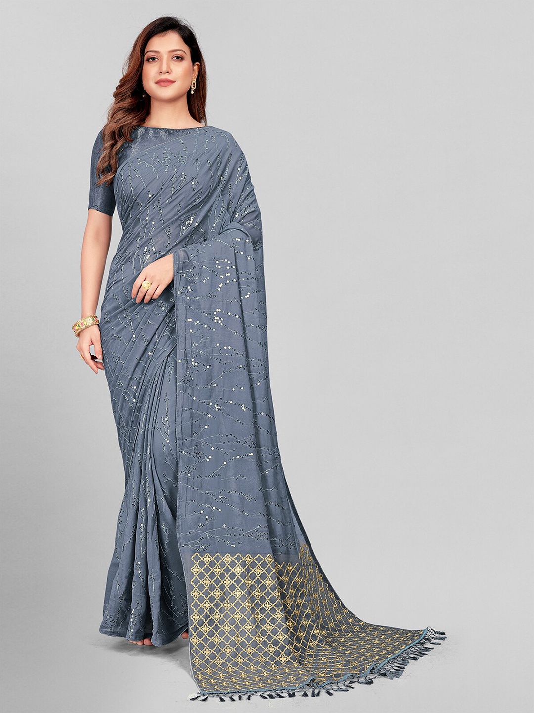 

Mitera Grey & Gold-Toned Embellished Sequinned Pure Georgette Saree