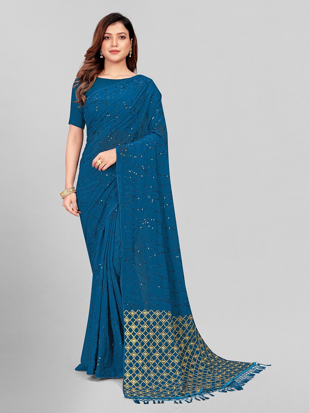 

Mitera Teal Blue & Gold-Toned Embellished Sequinned Pure Georgette Saree