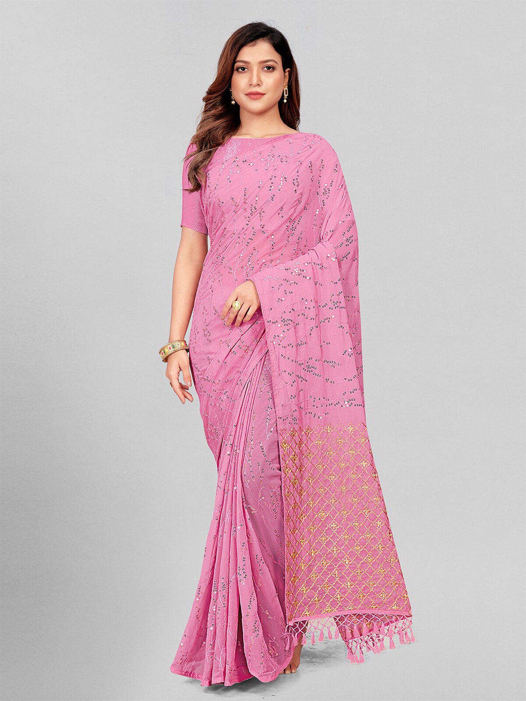 

Mitera Pink & Gold-Toned Embellished Sequinned Pure Georgette Saree