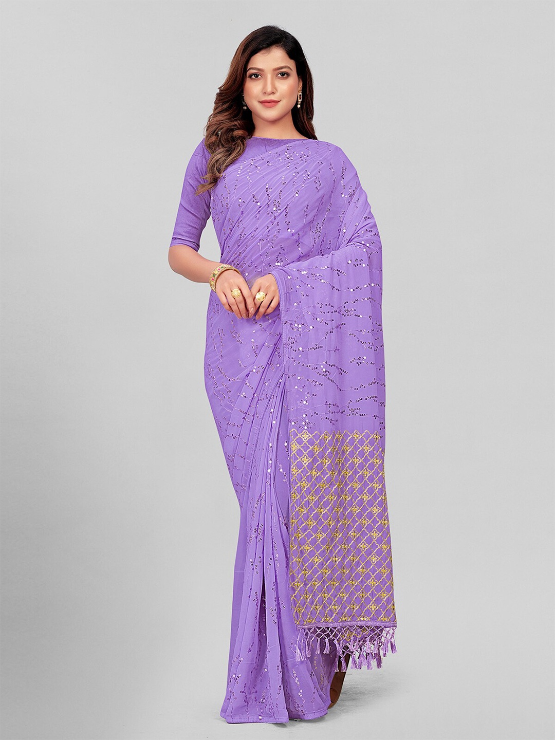 

Mitera Mauve & Purple Embellished Sequinned Pure Georgette Saree