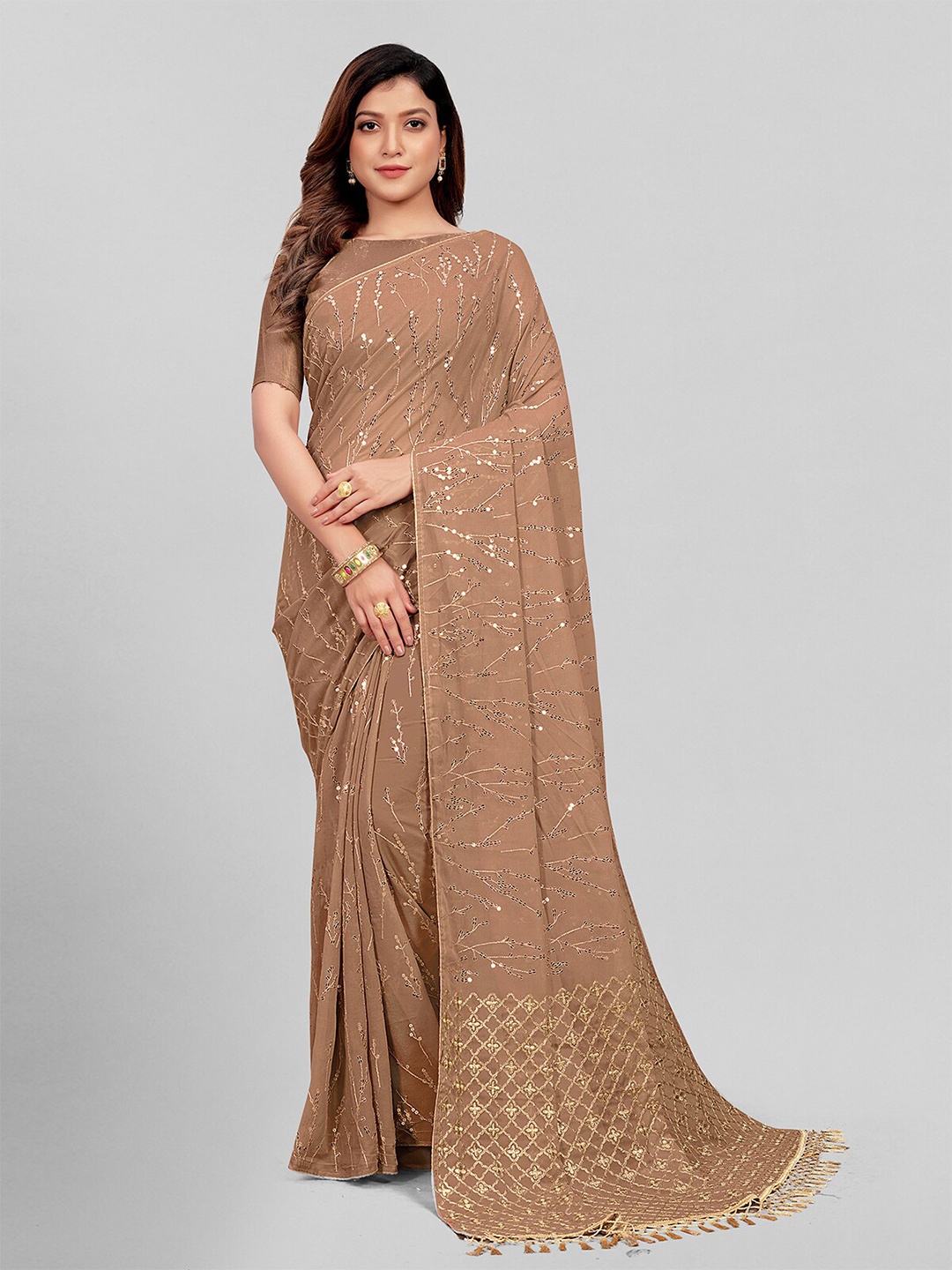 

Mitera Beige & Gold-Toned Embellished Sequinned Pure Georgette Saree