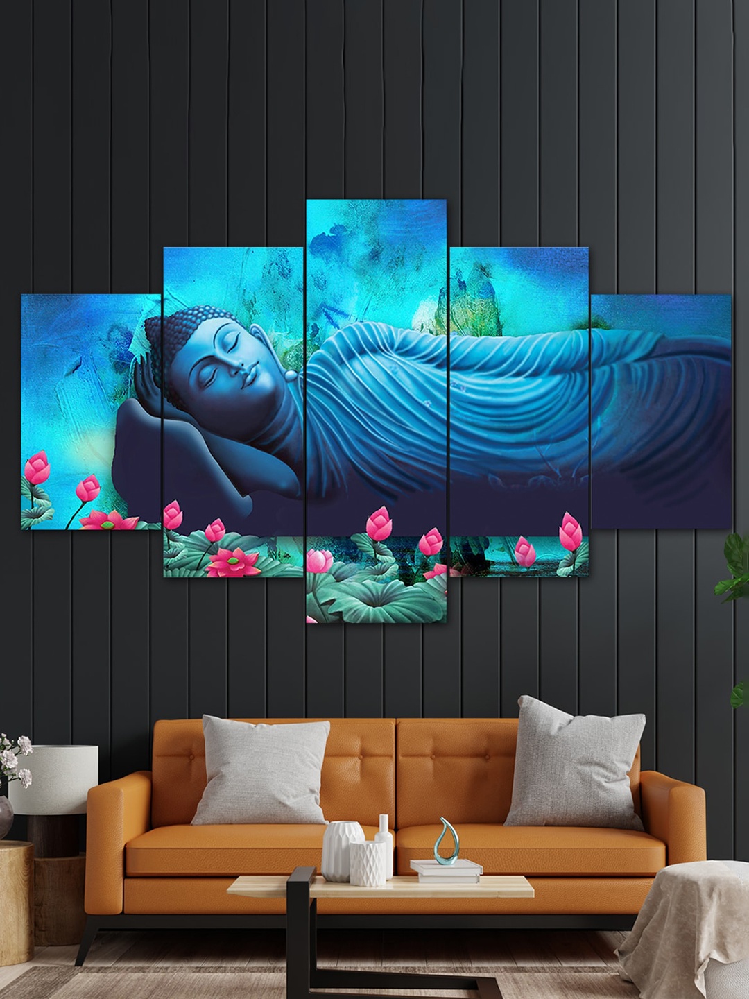 

Perpetual Set Of 5 3D Blue & Black Buddha Wall Painting