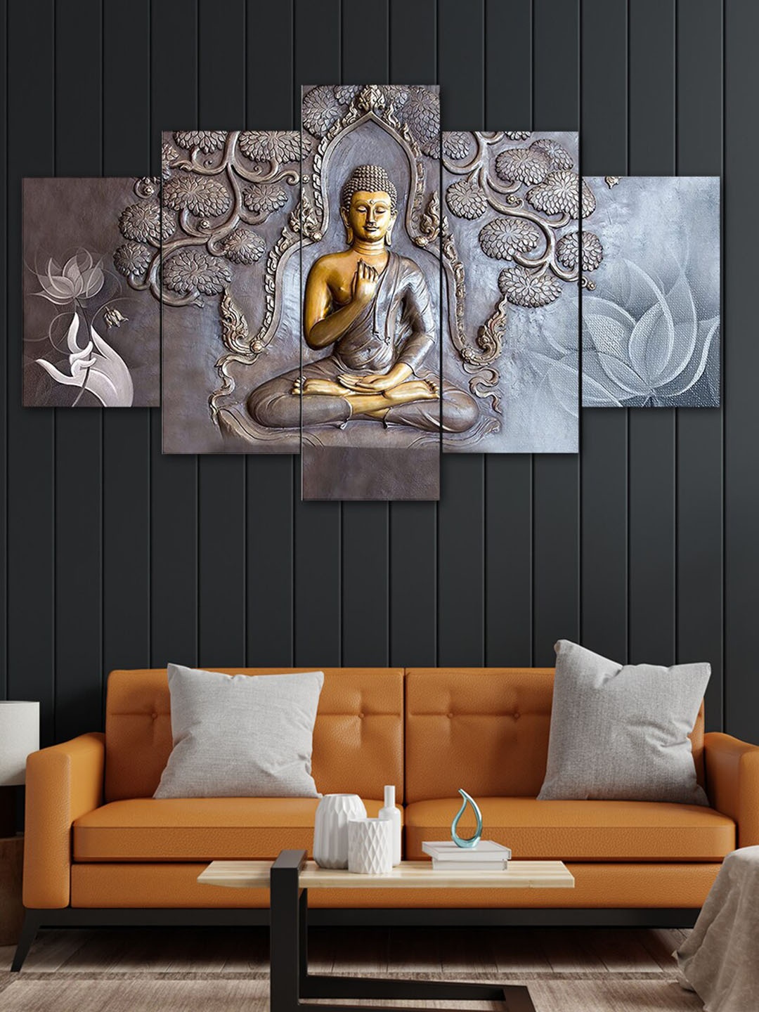 

Perpetual Grey & Gold Set Of 5 3D Buddha Painting