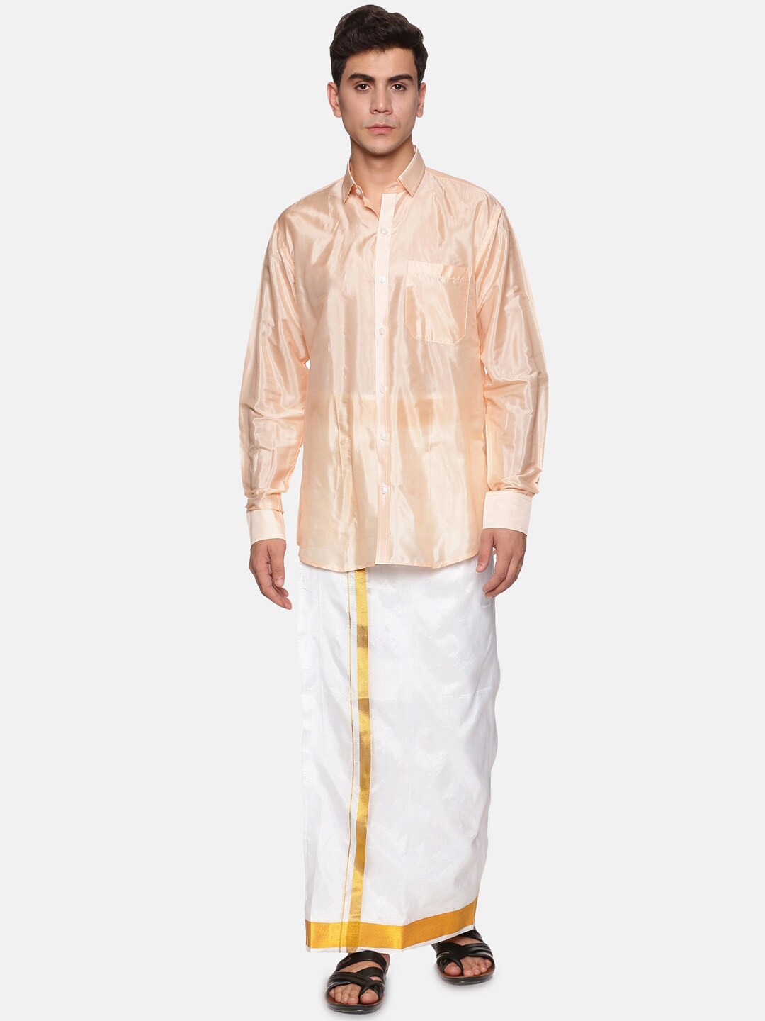 

Sethukrishna Men Orange & White Shirt with Dhoti