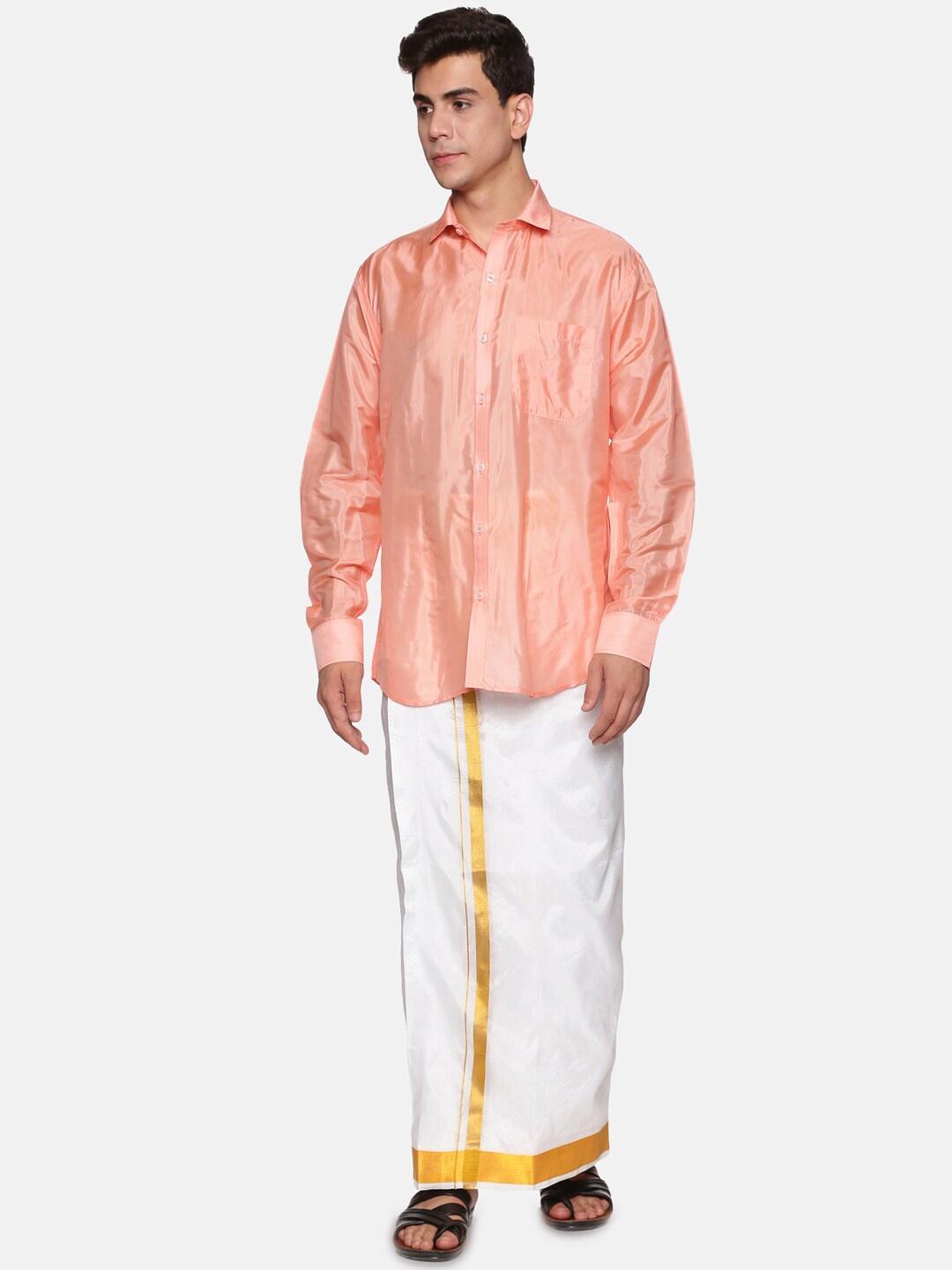 

Sethukrishna Men Peach-Coloured & White Shirt with Dhoti Set