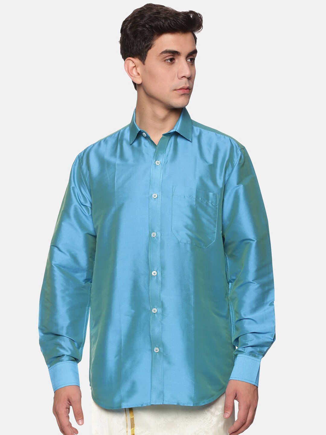 

Sethukrishna Men Turquoise Blue Casual Silk Shirt