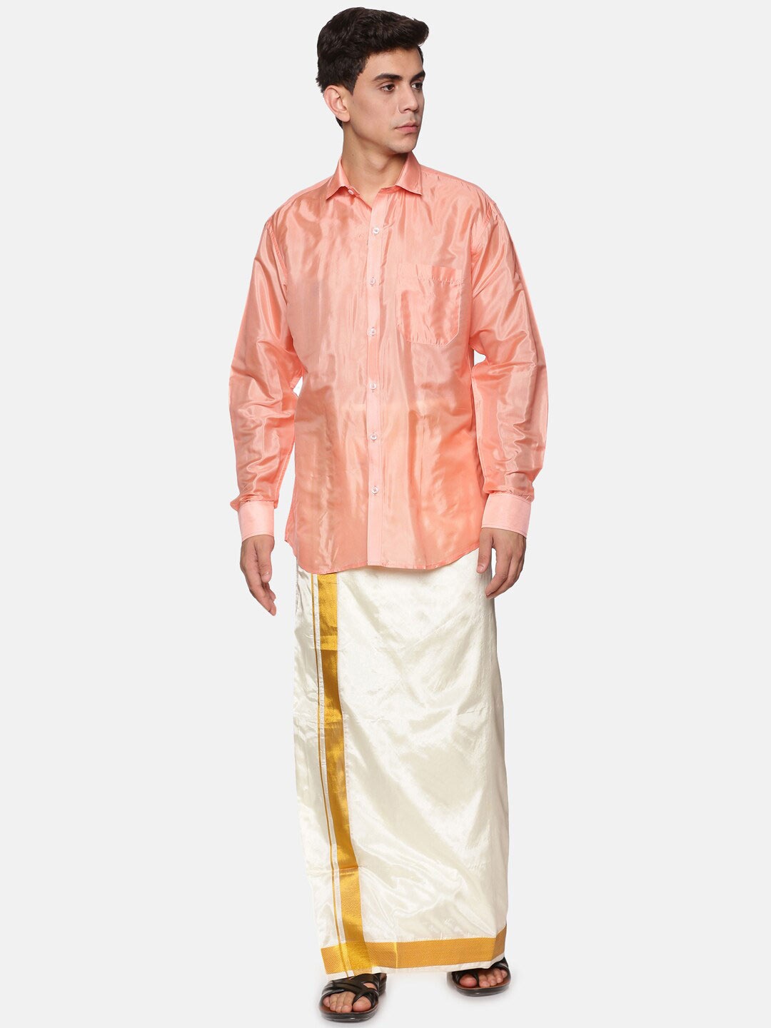 

Sethukrishna Men Peach-Coloured & White Shirt with Dhoti Pants