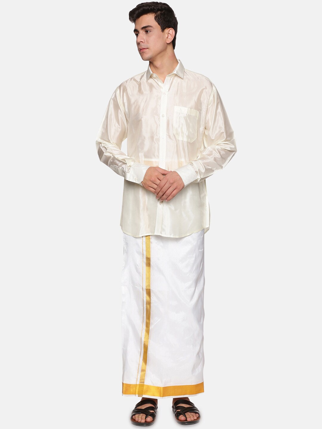 

Sethukrishna Men Cream-Coloured & White Shirt with Dhoti Pants
