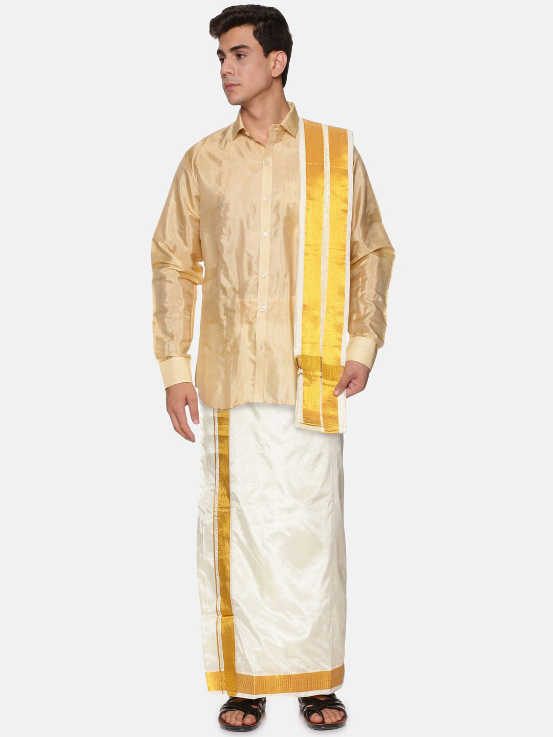 

Sethukrishna Men Beige & White Shirt with Dhoti Pants