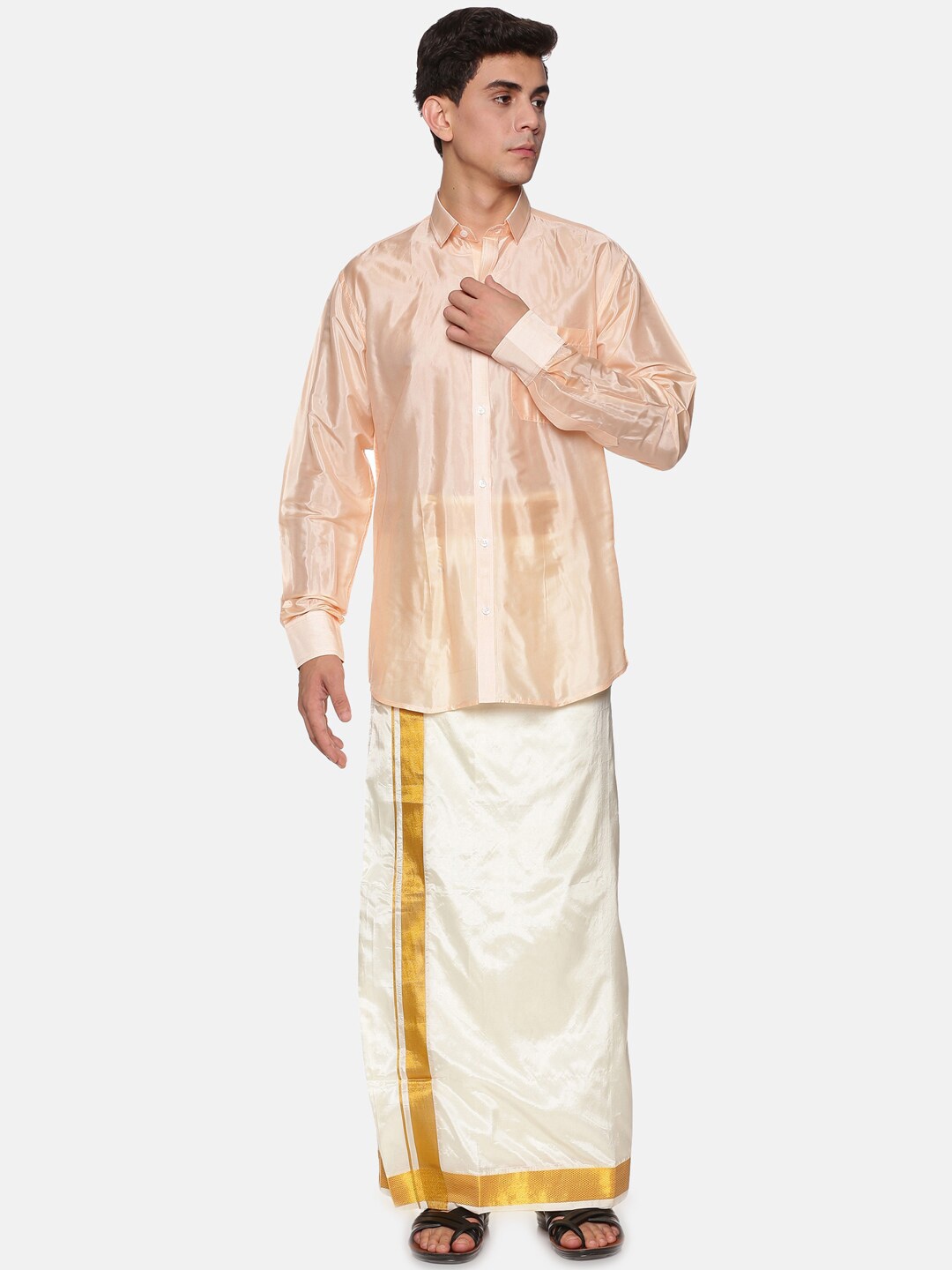 

Sethukrishna Men Orange & Off White Shirt with Dhoti Set