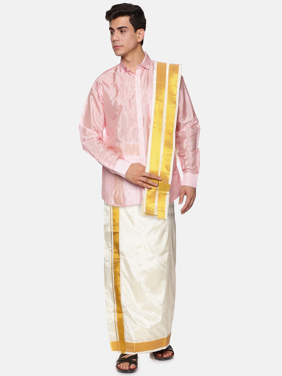 

Sethukrishna Men Pink & White Shirt with Dhoti Pants