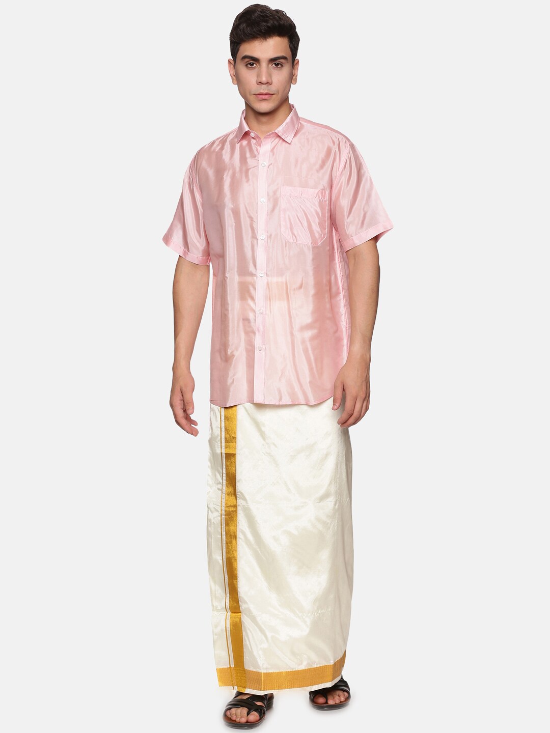 

Sethukrishna Men Pink & White Shirt with Dhoti Pants