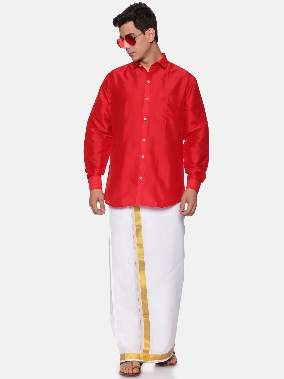 

Sethukrishna Men Red & White Pure Cotton Shirt with Dhoti