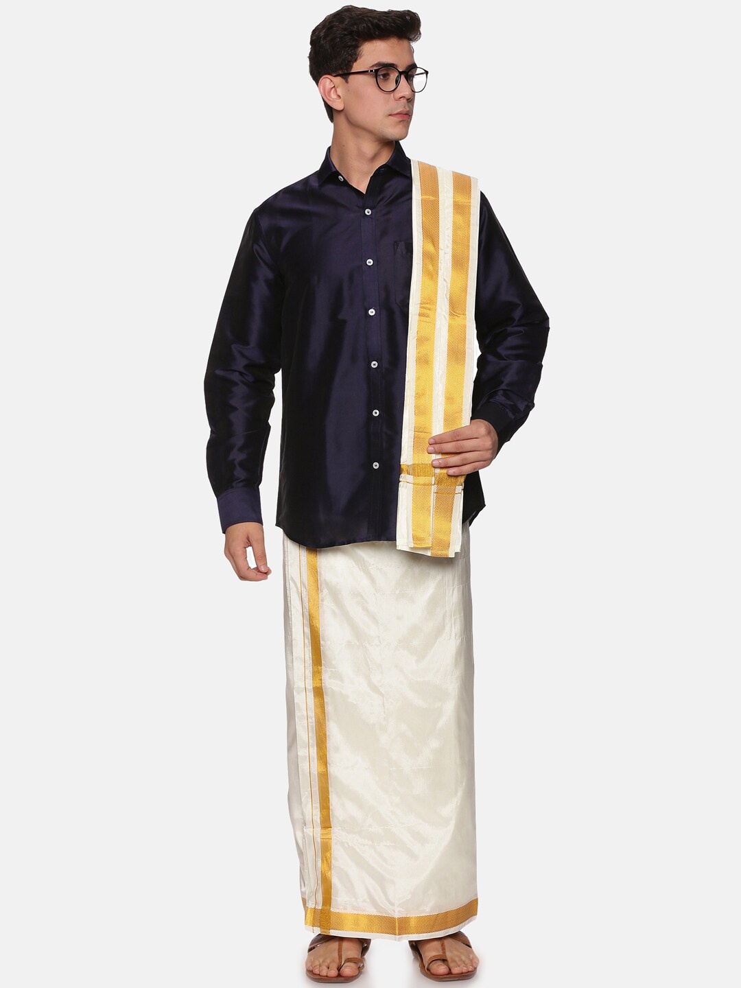 

Sethukrishna Men Navy Blue & White Shirt & Dhoti with Angavastram Set